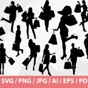 May include: Silhouettes of people carrying shopping bags. The people are all in different poses and are holding bags of various sizes. The image is in black and white.