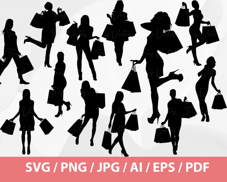 May include: Silhouettes of people carrying shopping bags. The people are all in different poses and are holding bags of various sizes. The image is in black and white.