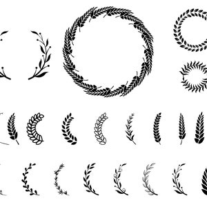 Pu&ograve; includere: Una collezione di illustrazioni botaniche nere, tra cui ghirlande, disegni circolari e ramoscelli. I disegni presentano foglie e bacche, perfetti per progetti di arte digitale o artigianato.