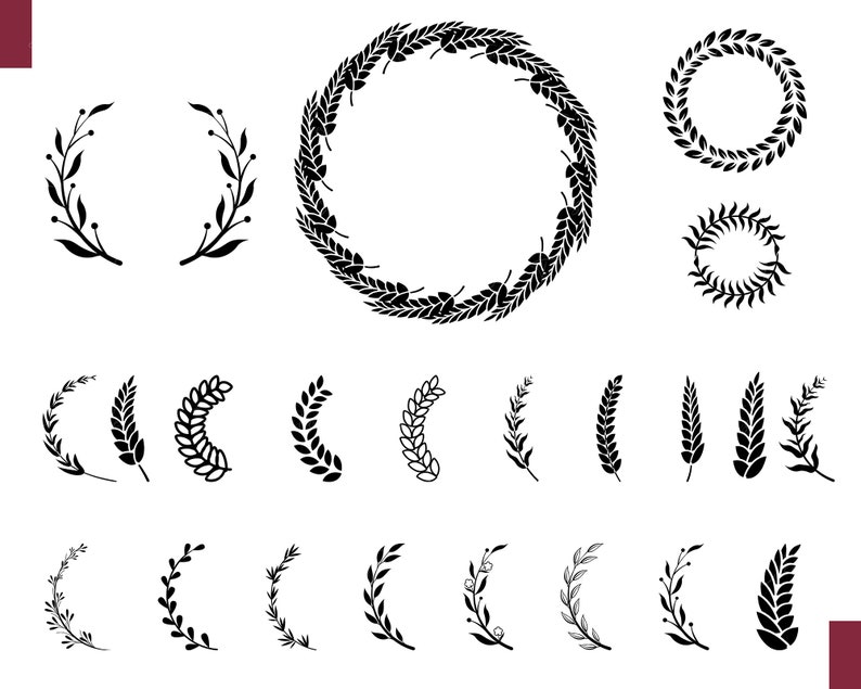 Pu&ograve; includere: Una collezione di illustrazioni botaniche nere, tra cui ghirlande, disegni circolari e ramoscelli. I disegni presentano foglie e bacche, perfetti per progetti di arte digitale o artigianato.