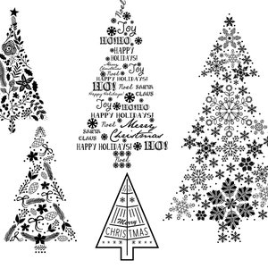 May include: Four black and white Christmas tree designs. The first tree is decorated with snowflakes. The second tree is decorated with floral elements. The third tree is decorated with snowflakes. The fourth tree is decorated with lines and the words "Merry Christmas".