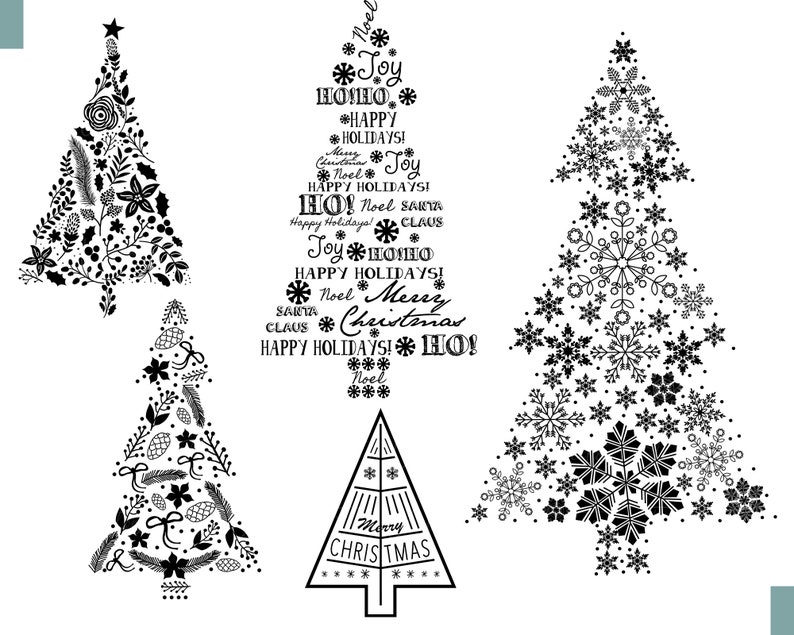 May include: Four black and white Christmas tree designs. The first tree is decorated with snowflakes. The second tree is decorated with floral elements. The third tree is decorated with snowflakes. The fourth tree is decorated with lines and the words "Merry Christmas".