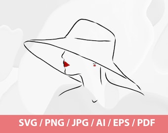 Elegant Woman - Woman with hat svg,  Woman in red,  Woman lips svg, Women's face svg, Women face png, Lady wearing hat svg, Lady in Hat SVG