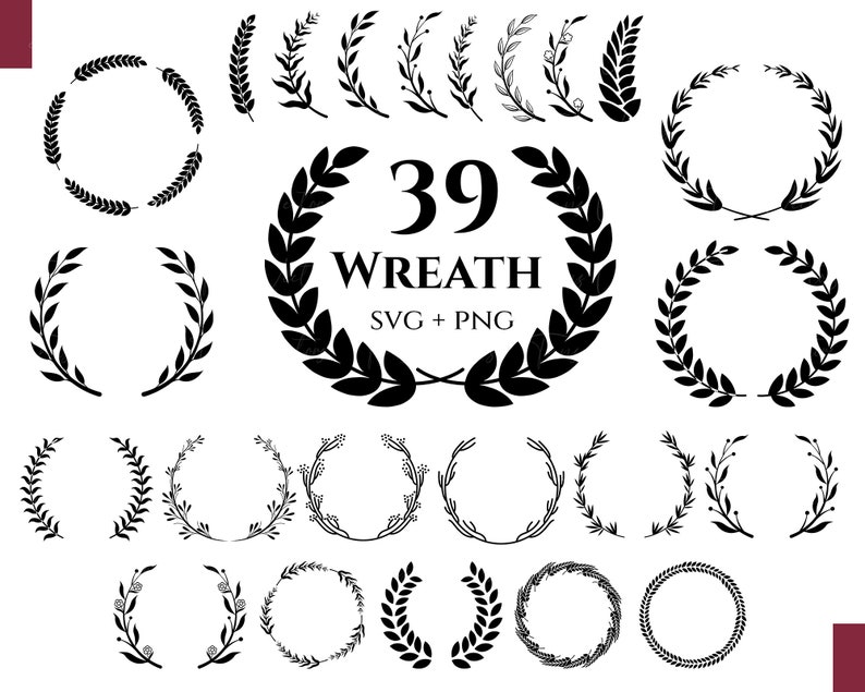 Pu&ograve; includere: Una collezione di 39 design di ghirlande in bianco e nero, con forme circolari e semi-circolari, con motivi di foglie e fiori. Il testo "39 WREATH SVG + PNG" &egrave; presente.