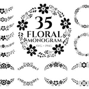 Op de afbeelding: Zwart-witte bloemenmonogramontwerpen. De afbeelding toont 35 bloemenmonogrammen in verschillende stijlen, waaronder kransen en decoratieve versieringen. De tekst "35 Floral Monogram SVG + PNG" is ook opgenomen.