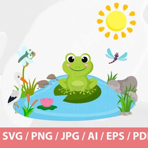 K&ouml;nnte beinhalten: Ein gr&uuml;ner Frosch sitzt auf einem Seerosenblatt in einem blauen Teich. Der Teich ist umgeben von gr&uuml;nem Gras, Steinen und einem wei&szlig;en Storch. &Uuml;ber dem Teich fliegt eine Libelle und oben rechts befindet sich eine gelbe Sonne.