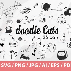 猫のクリップアート、ペットの落書き、手描きのベクター、子猫のクリップアート、白黒、かわいい猫、動物のクリップアート、面白い猫、子猫のクリップアート、落書き
