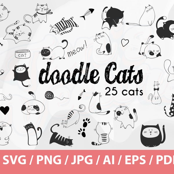 Cats Clip Art, Doodles Pet, Hand Drawn Vector, Kitty Clip Art, Black and White, Cute Cat, Animals Clipart, Funny Cat, Kitten Clipart, doodle