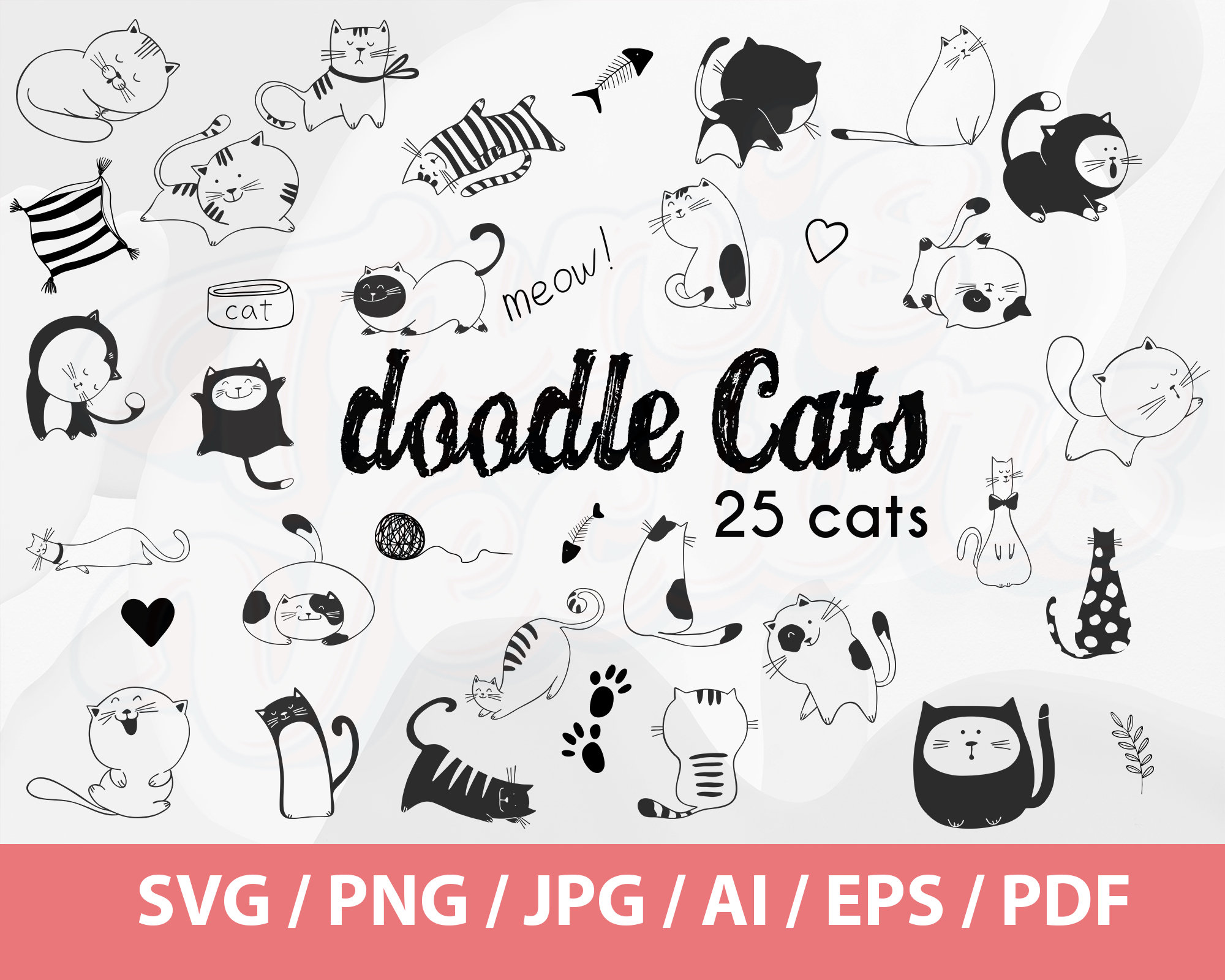 Cats Clip Art, Doodles Pet, Hand Drawn Vector, Kitty Clip Art, Black ...