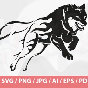 Puede incluir: Silueta en blanco y negro de un lobo con un diseño de llama. El lobo está corriendo y su cabeza está girada hacia un lado.