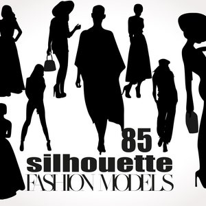 Puede incluir: Siluetas de 85 modelos de moda en varias poses. Los modelos están todos vestidos con diferentes estilos de ropa, incluyendo vestidos, pantalones y faldas. La imagen está en blanco y negro.