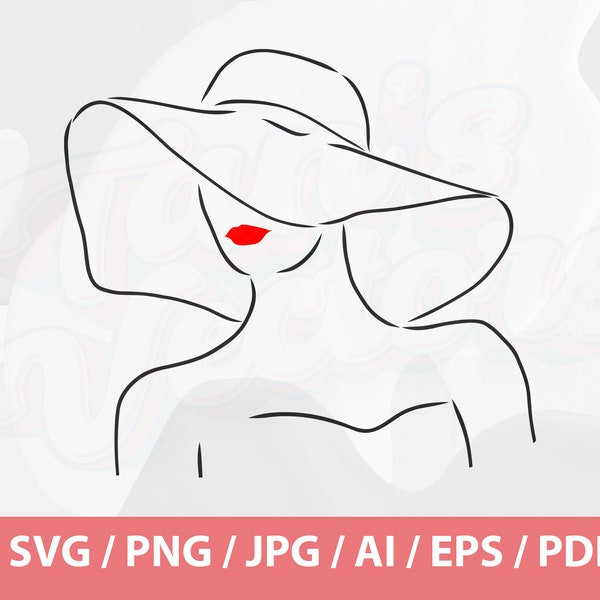 Beautiful Woman Elegant Hat - Woman with hat svg, Woman lips svg, Women's face svg, Women face png, Lady wearing hat svg, Lady in Hat SVG