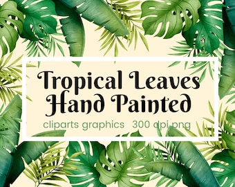 Tropical Leaves Hand Painted Watercolor - Tropical Background With jungle plants vector exotic pattern with palm leaves, instant download