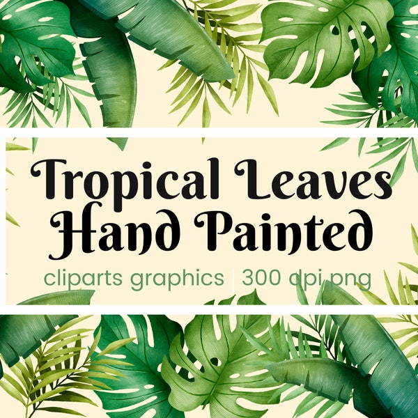 Tropical Leaves Hand Painted Watercolor - Tropical Background With jungle plants vector exotic pattern with palm leaves, instant download