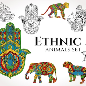 May include: A set of colorful, ornate animal illustrations in an ethnic style. The animals include an elephant, a monkey, a tiger, and a bird. The illustrations are surrounded by decorative elements, including hamsa hands and mandalas.