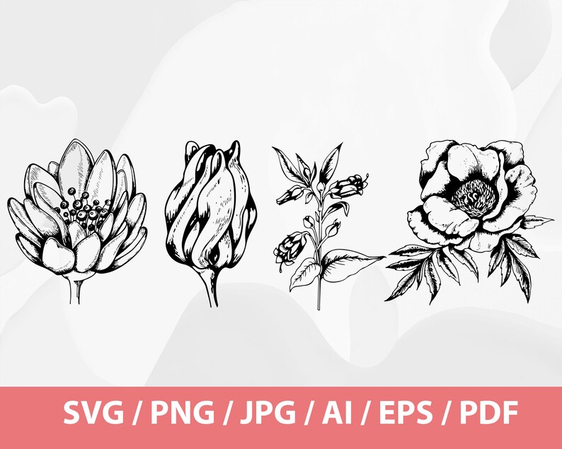May include: Black and white floral illustrations of a flower, a bud, a sprig, and a peony. The image includes the text "SVG / PNG / JPG / AI / EPS / PDF" at the bottom.