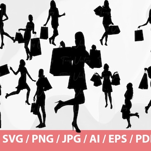 May include: Silhouettes of women shopping with bags in their hands. The women are all wearing different outfits and are in various poses. The image is in black and white.