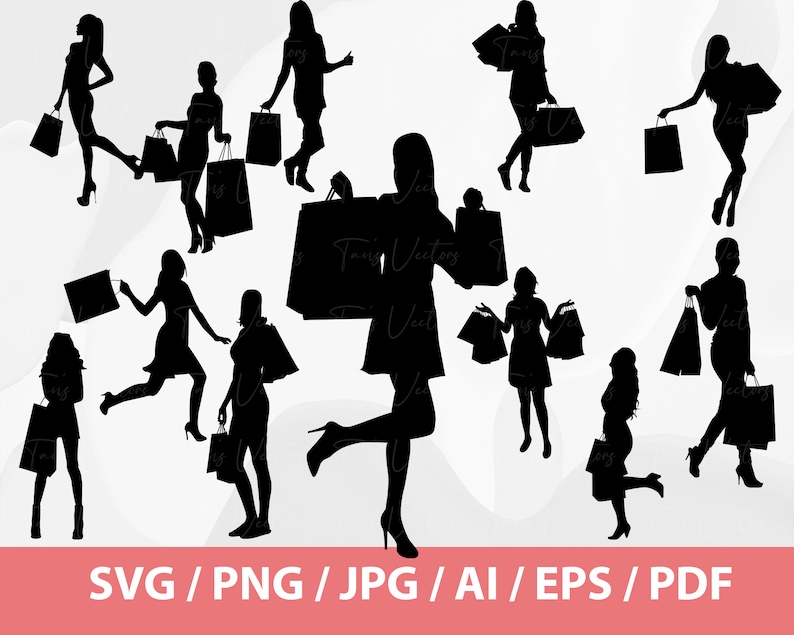 May include: Silhouettes of women shopping with bags in their hands. The women are all wearing different outfits and are in various poses. The image is in black and white.