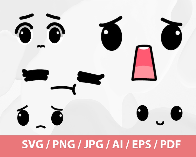Set of Cute Face Expressions - Kawaii Faces Svg Bundle, Cuttable File ...