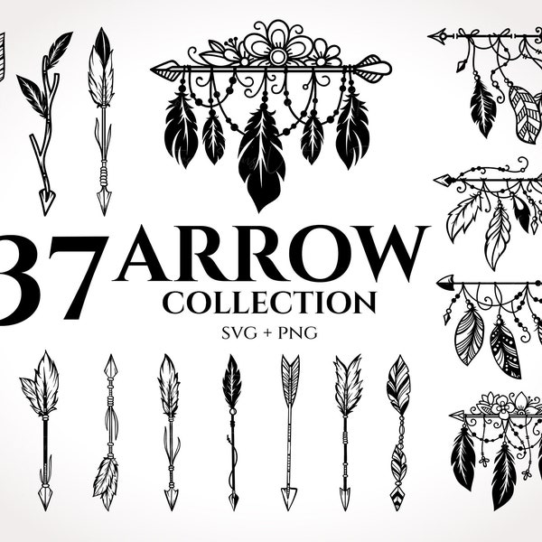 Arrow SVG - Hand Drawn Arrow svg, Tribal arrows svg, Boho arrow clipart, Floral Arrow svg, Arrows svg, Arrow with feathers, Arrow Silhouette