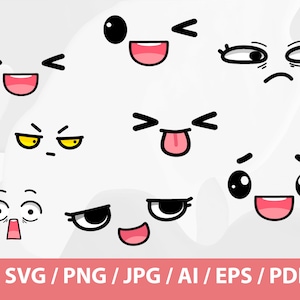 Conjunto de expresiones de cara linda - Kawaii faces svg bundle, archivo cortable, dibujos animados cara linda svg cut files, imprimibles, archivos svg, dibujados a mano