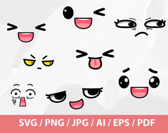 Conjunto de expresiones de cara linda - Kawaii faces svg bundle, archivo cortable, dibujos animados cara linda svg cut files, imprimibles, archivos svg, dibujados a mano