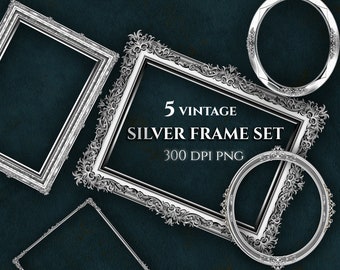 May include: Set of five vintage silver picture frames with ornate designs. The frames are in various shapes and sizes, including round, square, and rectangular. The frames are isolated on a dark blue background.