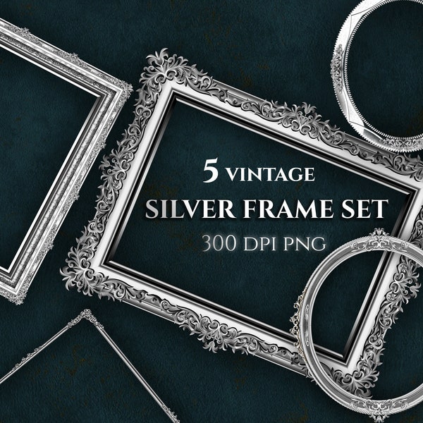 Silver Metal Frame Set - vintage antique ornamental frames clip art, png commercial use instant download frame ornament, wedding graphics,