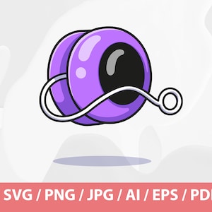 Może przedstawiać: Fioletowy jojo z czarnym środkiem i białą sznurówką. Jojo jest w powietrzu, a sznurówka przymocowana jest do małego białego kółka.