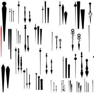 May include: A collection of black clock hands in various styles and sizes. The hands are designed for use in clocks and watches.