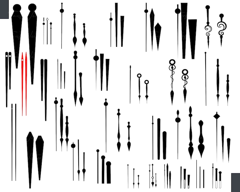 May include: A collection of black clock hands in various styles and sizes. The hands are designed for use in clocks and watches.