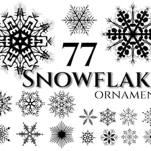 Puede incluir: Una ilustración en blanco y negro de 77 adornos de copo de nieve. Los copos de nieve son de varias formas y tamaños, con detalles intrincados. El texto "77 Snowflake Ornament" se muestra debajo de los copos de nieve.