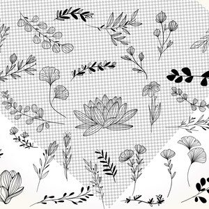 May include: A collection of 20 black and white line drawings of various floral and botanical elements, including leaves, flowers, and stems. The drawings are arranged in a heart shape on a gray and white checkered background.