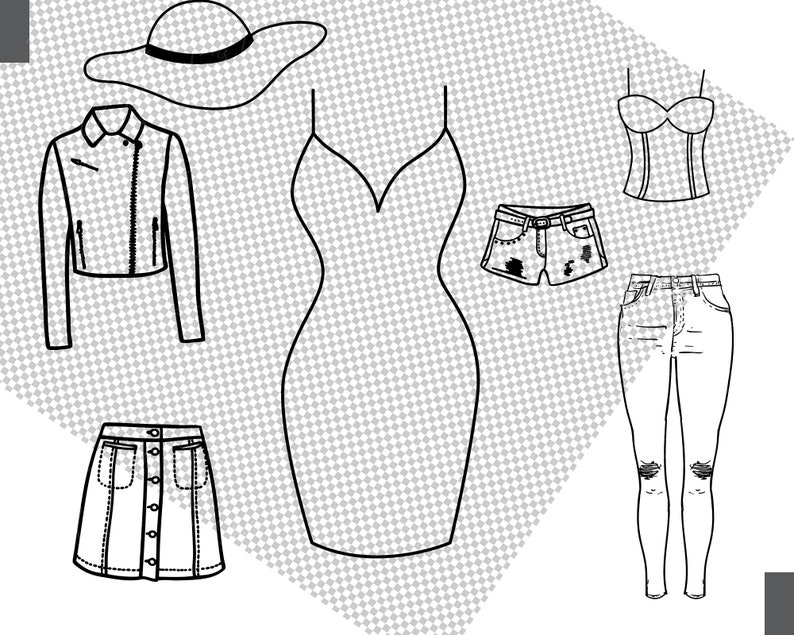 Op de afbeelding: Een set kledingstukken, waaronder een zwart leren jack, een witte zonnehoed, een zwarte jurk zonder mouwen, een witte denim rok, een witte denim short, een witte denim corset top en een witte denim jeans.