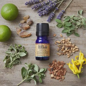 Op de afbeelding: Een blauwe glazen fles met essentiële olie "Calming" met een zwarte dop, omringd door limoenen, lavendel, kruiden en andere natuurlijke ingrediënten. De fles is gelabeld "Holly Botanic" en bevat 5 ml olie.