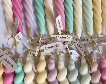 Bougies torsadées multicolores, naturelles et artisanales en cire de colza, modèles Johanna & Chloé