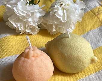 Dúo de velas naturales y artesanales, en forma de limón y naranja, cera de colza