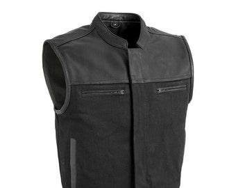 Mens Motorcycle Leather Vest, Biker Style Stinger Black Canvas Casual wear Street wear Rider Club Style Black Leather Vest Gift for Him