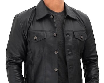 Brand New Mens Black Trucker Leather Jacket, Motorcycle Bike Jacket, Handmade Jacket, Real Leather Jacket, Premium Quality Trucker Jacket