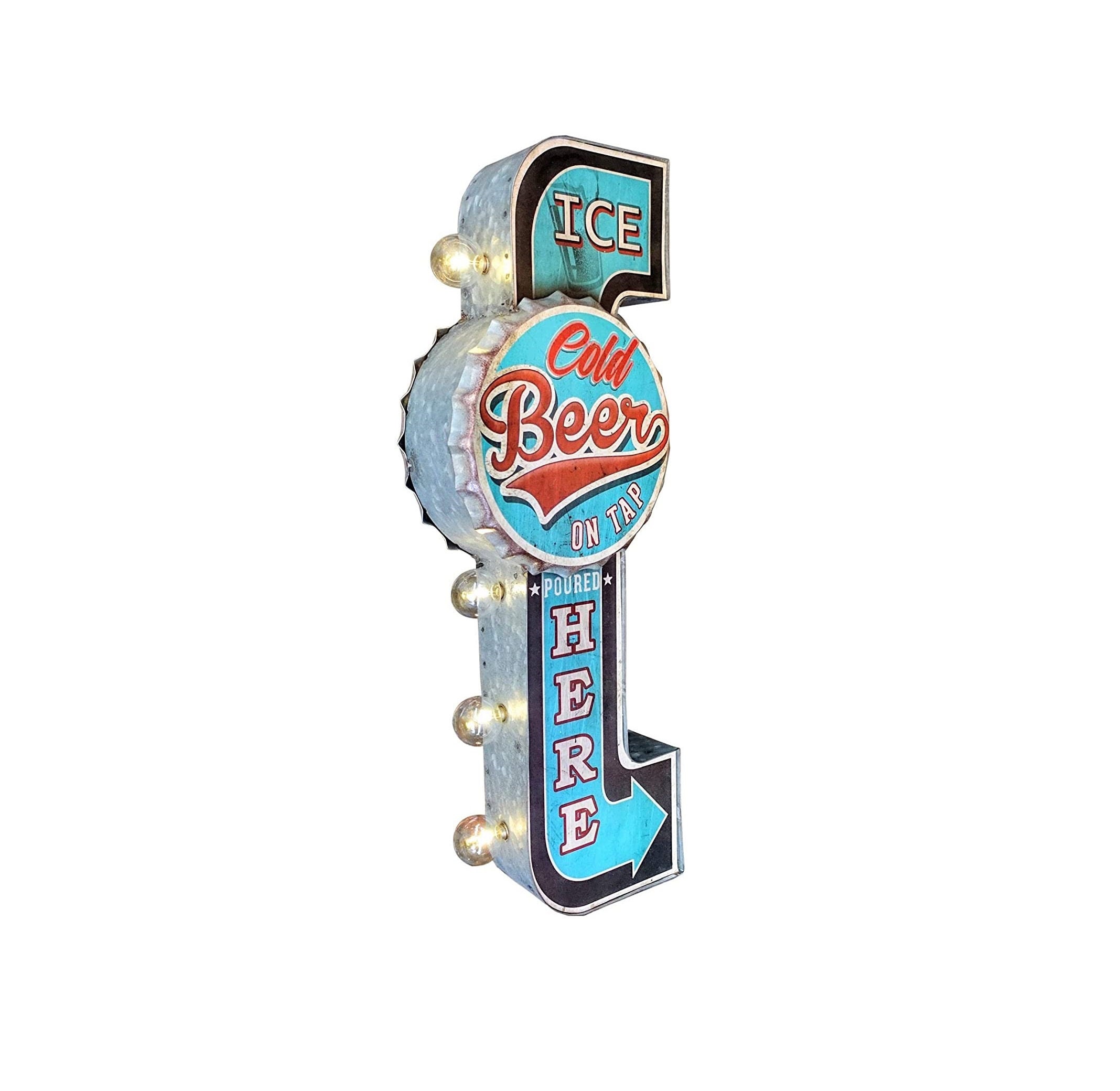 Bottle Cap & Retro Design ICE COLD BEER ON TAP Double Sided Sign W/ LED Lights 
