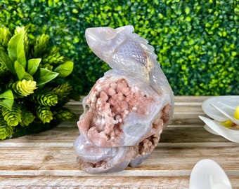 Bubble Druzy Pink Amethyst Skull Carving with Lizard