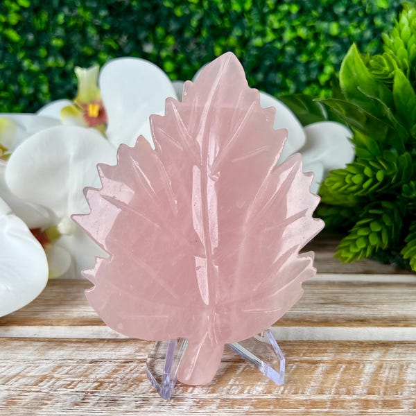 Rose Quartz Leaf Carving, Crystal Carvings, Natural Minerals, Home Decor