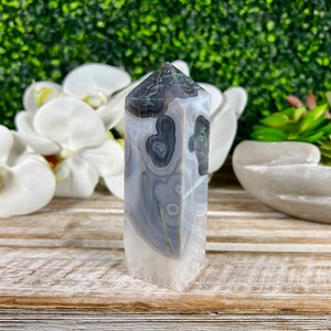 Rare! Moss Agate Tower, Moss Agate 4-sided Tower with Unique Quartz Agate Banding, Home Decor
