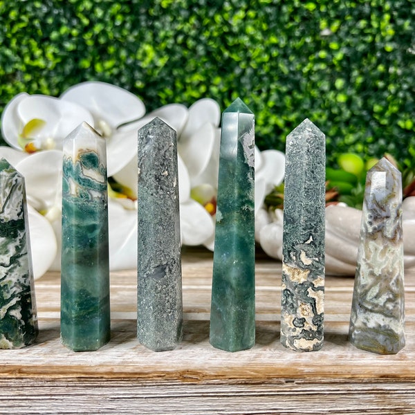 YOU PICK! Moss Agate Tower, Stone of New Beginnings, Moss Agate Point, Heart & Root Chakras, Moss Agate, 6-Sided Tower Points