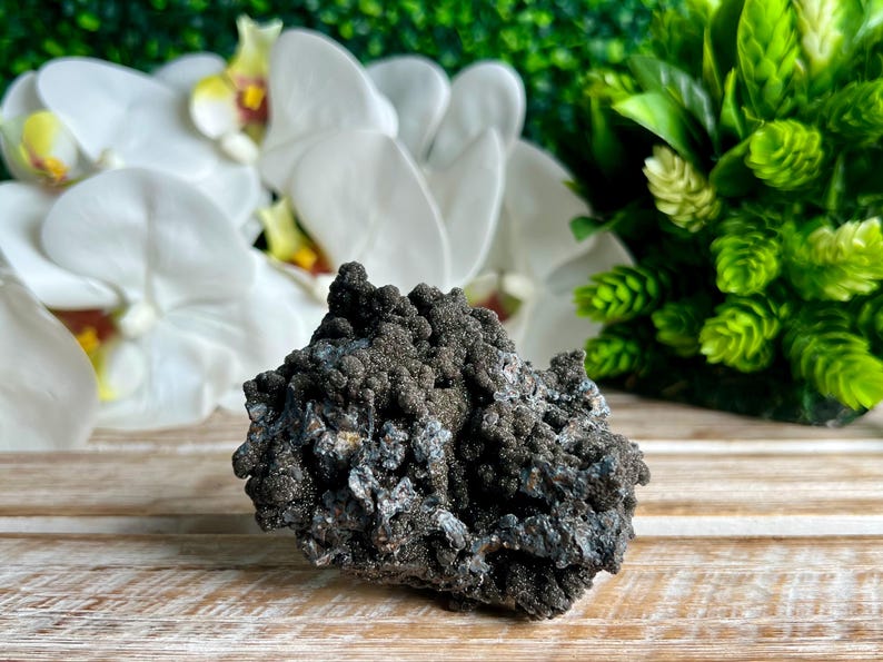 Op de afbeelding: Een grote, donkergrijze, ruwe en getextureerde steen met een cluster van kleinere, ronde, zwarte kristallen. De steen ligt op een lichtbruin houten oppervlak.