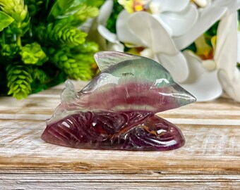 Candy Fluorite Dolphin Carving, Gemmy Crystal Home Decor