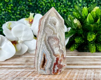 Crazy Lace Agate Tower with Druzy Pocket, Crystal Obelisk