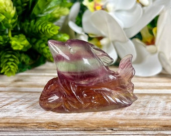 Candy Fluorite Dolphin Carving, Gemmy Crystal Home Decor