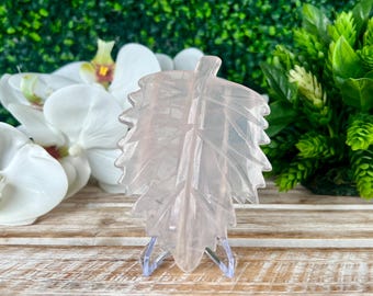 Rose Quartz Leaf Carving, Crystal Carvings, Natural Minerals, Home Decor