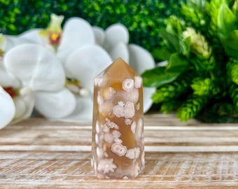 Flower Agate Tower, Cherry Blossom Agate, Crystal Obelisk, Home Decor
